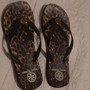 Tory Burch black leopard print flip flops